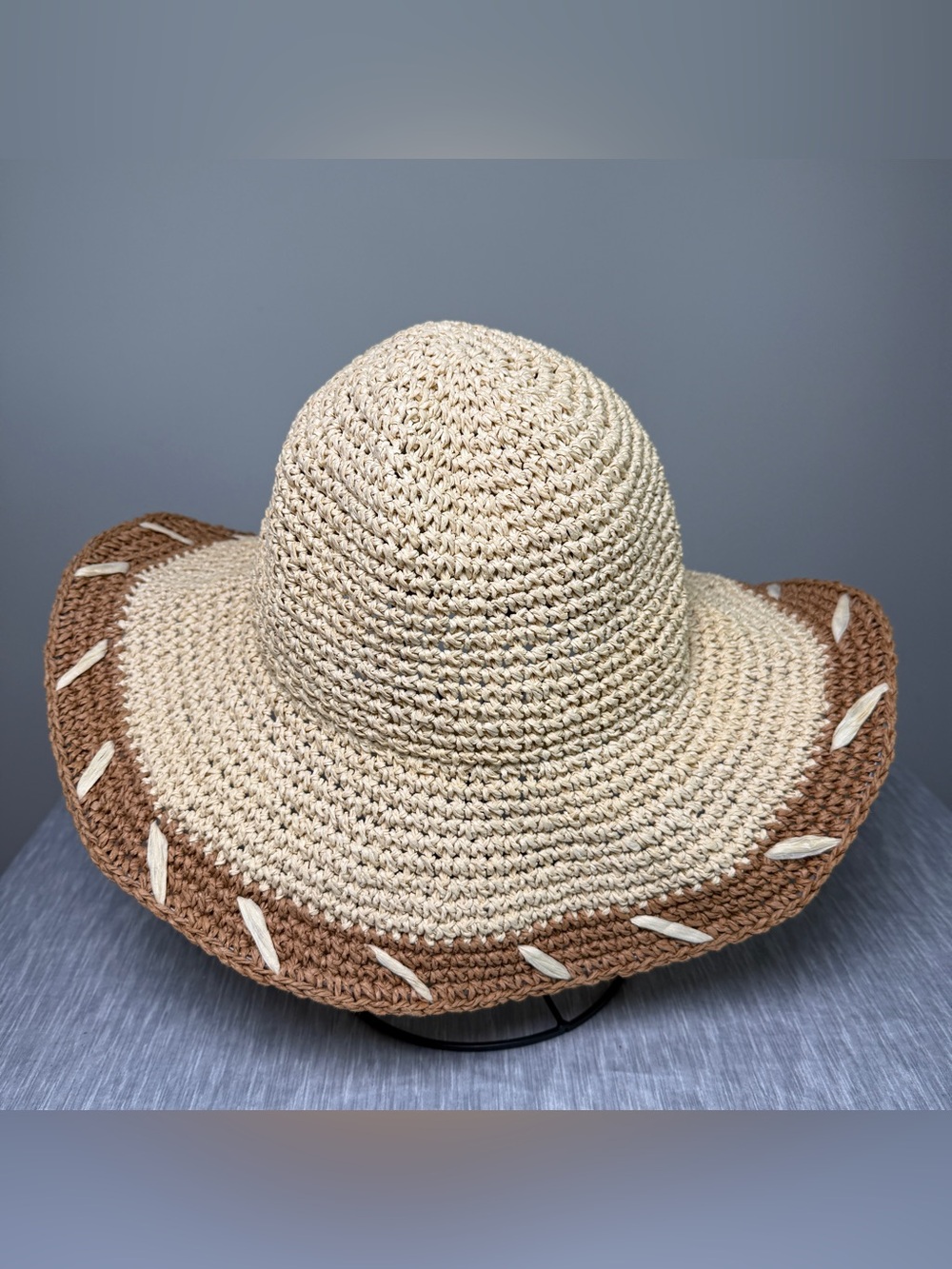 By Anthropologie Crochet Paper Floppy Sun Hat Cream Tan Colorblock Whipstitch OS